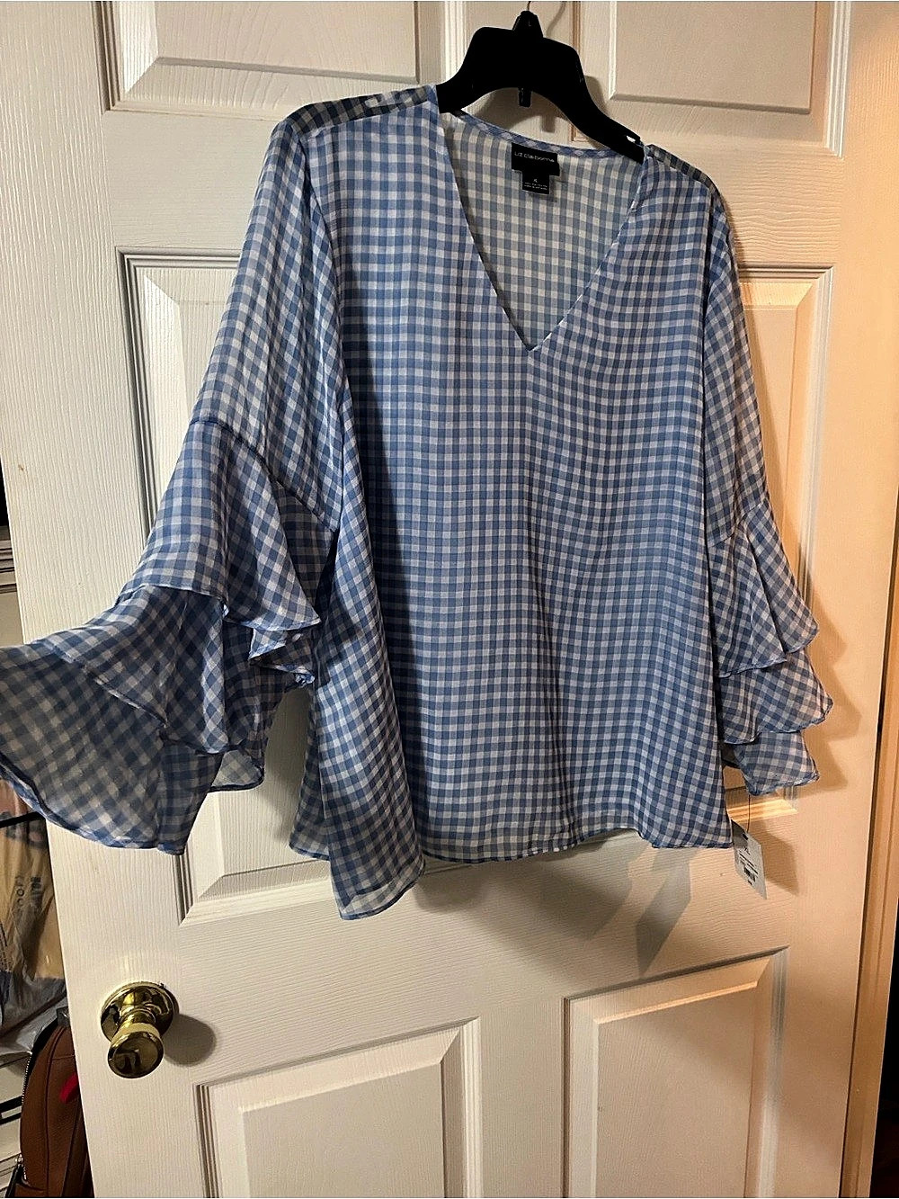 Liz Claiborne Garden Gingham Ruffle Sleeve Blouse in Blue & White XL NWT